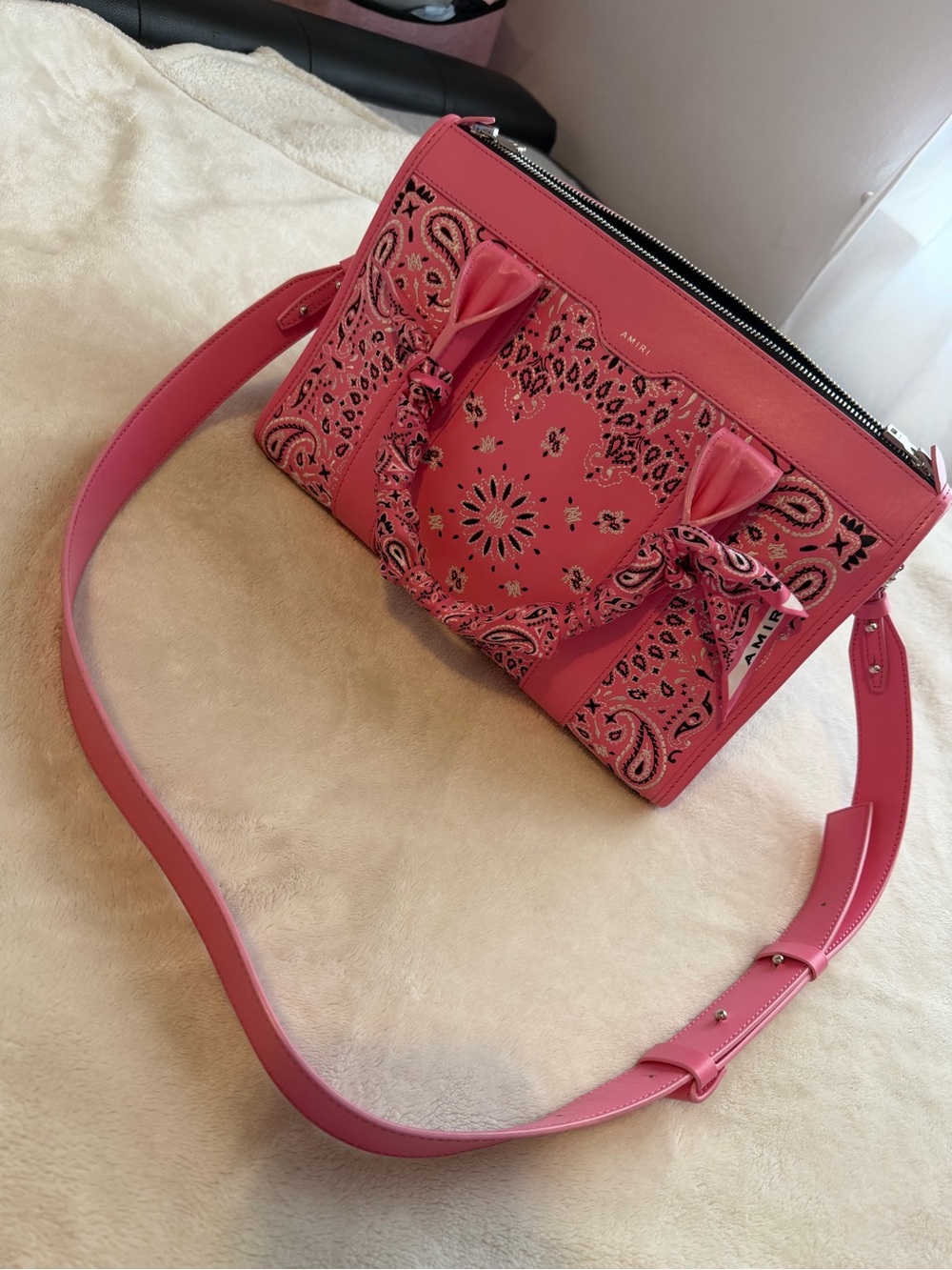 AMIRI Pink Bandana-Print Leather Satchel with Adjustable Strap